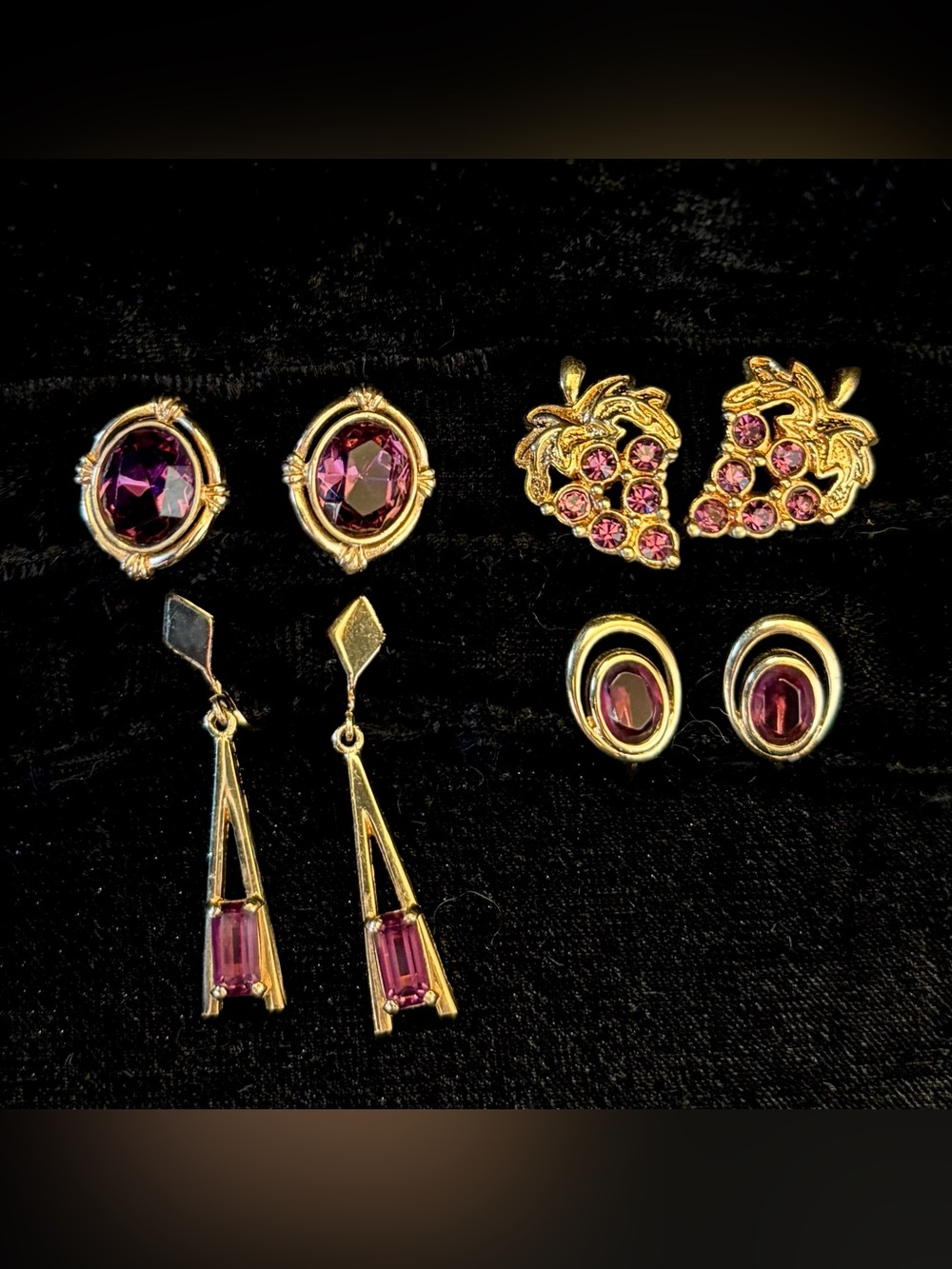 VINTAGE Lot purple Earrings Faux Amethyst Stamp TRIFARI and AVON clip on pierced